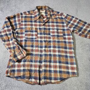 Kmart Mens L Flannel Shirt Brown Blue Orange Plaid Vintage Cotton Button Down